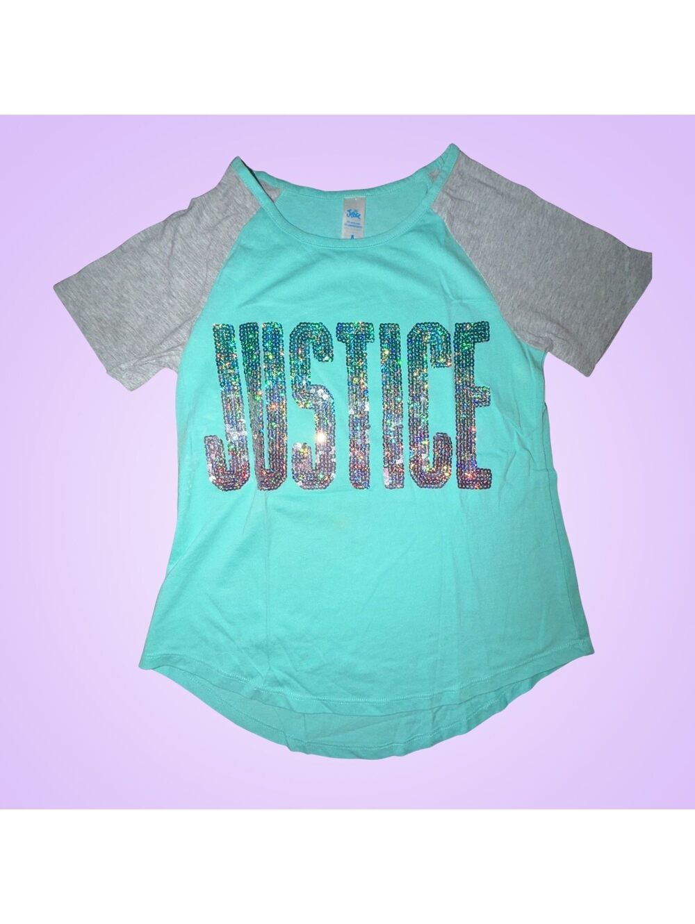 Justice Girls Teal Gray Sequin Logo Short Sleeve T-Shirt Size 8